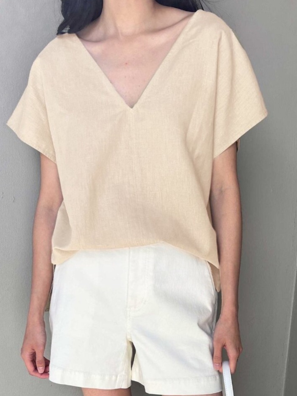 Oak + Fort Linen Blend V-Neck Blouse - Oatmeal